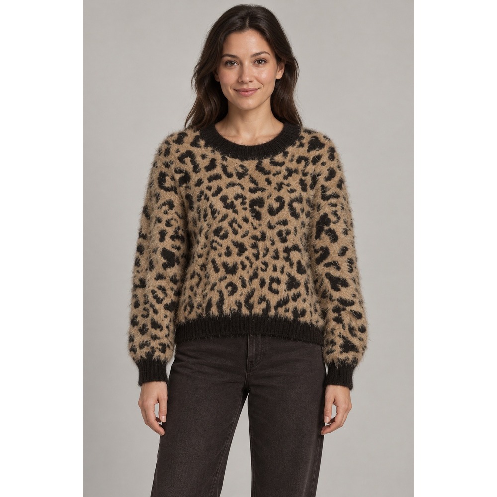 H&M Leopard Sweater Womens M Tan Black Fuzzy Eyelash Knit Animal Print